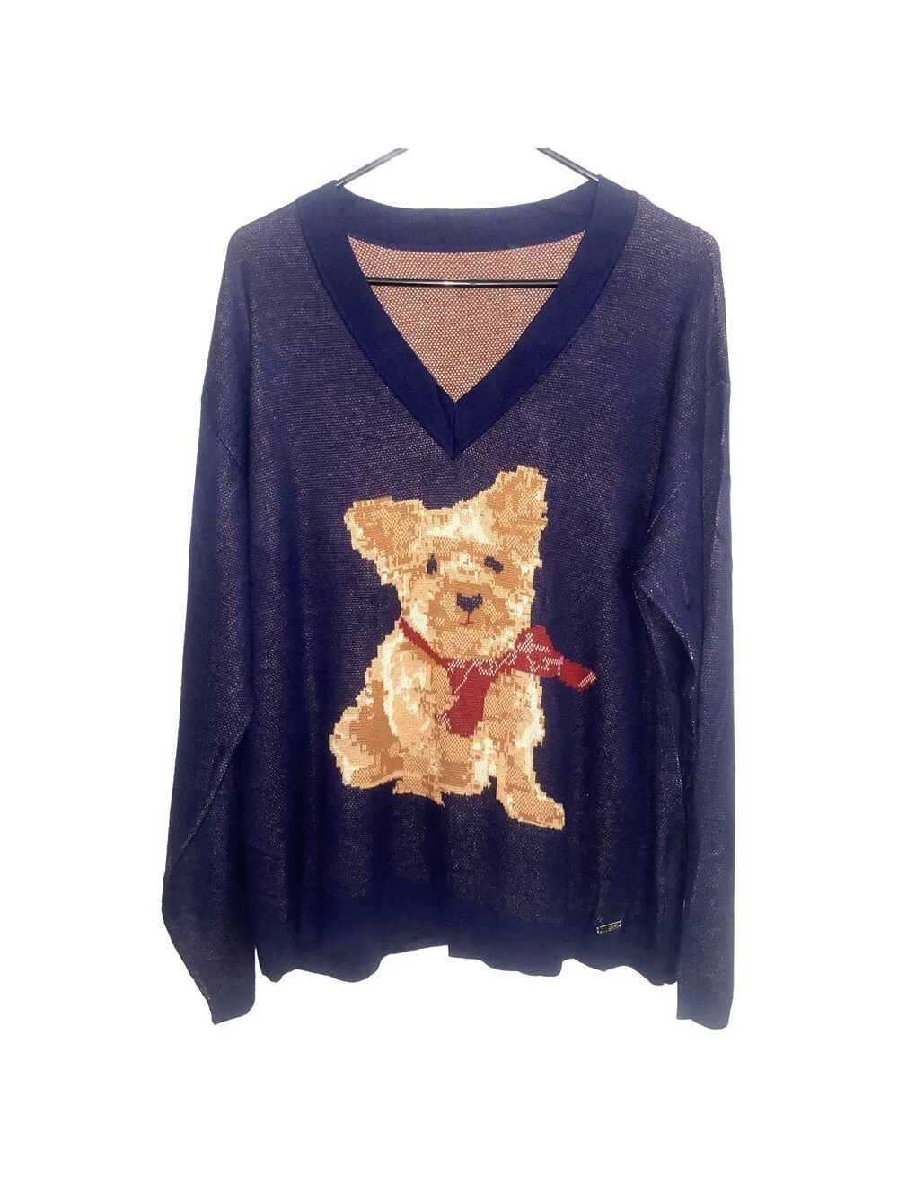 Jones New York Y2K Navy Dog Graphic Lightweight Cotton V Neck Sweater Womens L